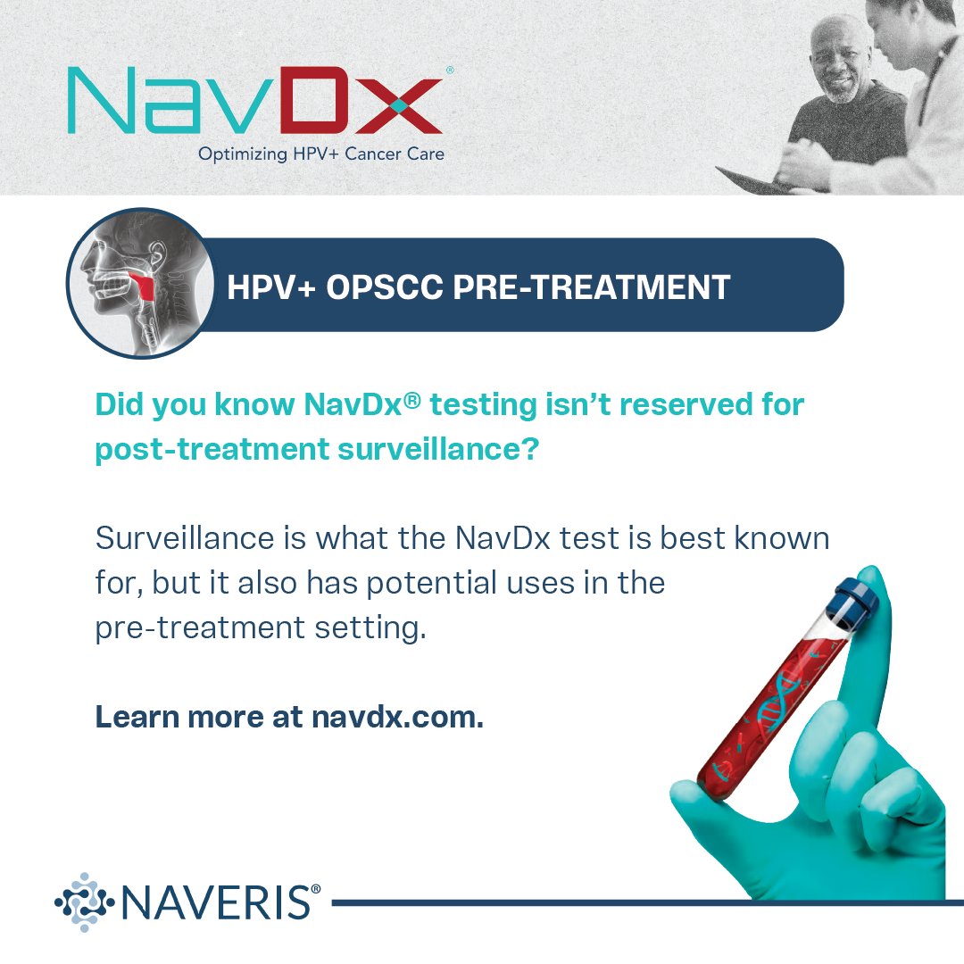 NavDxTest's tweet photo. Did you know NavDx® testing isn’t reserved for post-treatment surveillance?

While post-treatment surveillance is what the NavDx test is best known for, it also has these potential uses in the pre-treatment setting:

1. Confirming HPV+ tumor etiology, especially when tissue-based testing is inconclusive or if FNA is hypo-cellular.
2. Confirming HPV genotype
3. Establishing a baseline that adds prognostic and clinical context to future testing
4. Resolving inconclusive ambiguous clinical and radiological findings related to HPV-driven cancer

Want to learn more about these uses? Request a call with a rep who can walk through the many ways NavDx testing can add valuable insight to your clinical process. https://t.co/YXyYvuUxQa 

#NavDx #Naveris #ctDNA #ctHPVDNA #MRD #LiquidBiopsy #CancerSurveillance #Oncology #Biotech #HPV #HPVcancer #HeadAndNeckCancer #HNCancer #OPSCC #AnalCancer #ASCC
