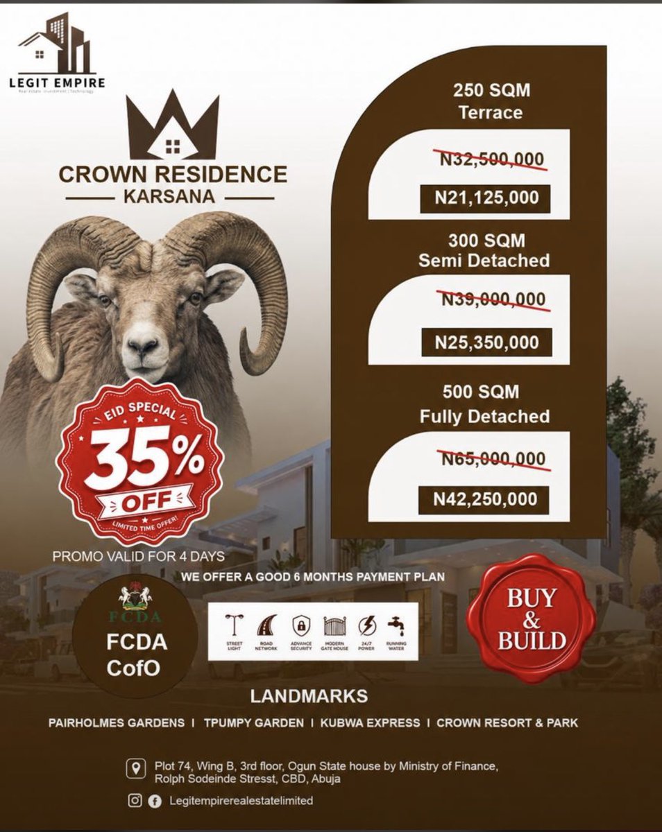 Daatu_mamman's tweet photo. The offer is just valid for 4 days 22nd of May 

May the smartest investor win

📍Ogun house Abuja 
📞09161123741 https://t.co/Coe0ol1gur