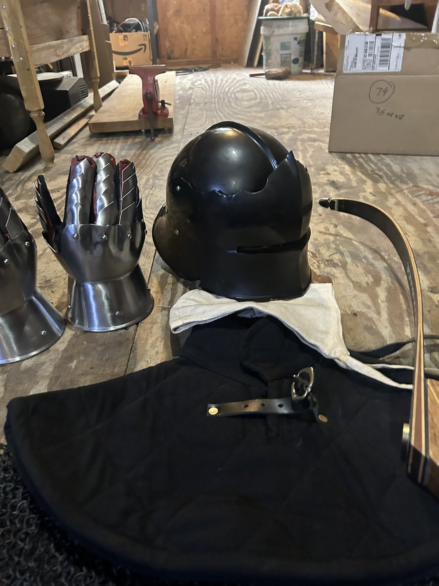 Argonaut1535's tweet photo. Start of my 15th century #armor kit. #Gambeson is on the way. #Renaissance festival coming up. I know it’s not perfectly historical, but I’ll take my modern recurve over a #longbow. 😂. Next project will be lining my new #sallet. Tips, comments, suggestions welcome! I’d love to get into #SCA & #Buhurt. (Not with this kit of course)