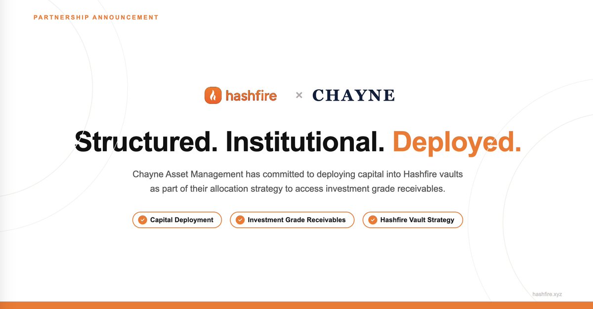 hashfirexyz's tweet photo. Partnership Announce #️⃣ 🔥

Chayne Asset Management  x Hashfire 🧡

Chayne recognizes the importance of bringing origination on-chain and the transparency it unlocks for receivables financing.

We’re excited to share @TravisJohn's commitment to a Hashfire vault deployment on @XDCFoundation.

More to come soon. 👀