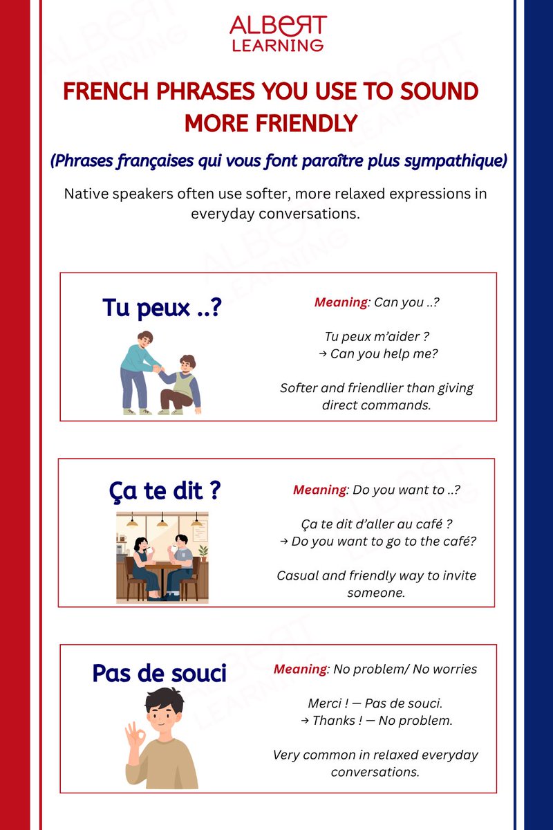 Albert_Learning's tweet photo. Want to sound friendlier in French? 🇫🇷✨
Native speakers often use softer, more relaxed phrases in everyday conversations to sound more natural and approachable.

Upgrade your French with Albert Learning!

#LearnFrench #AlbertLearning https://t.co/KVoa7cwwHG