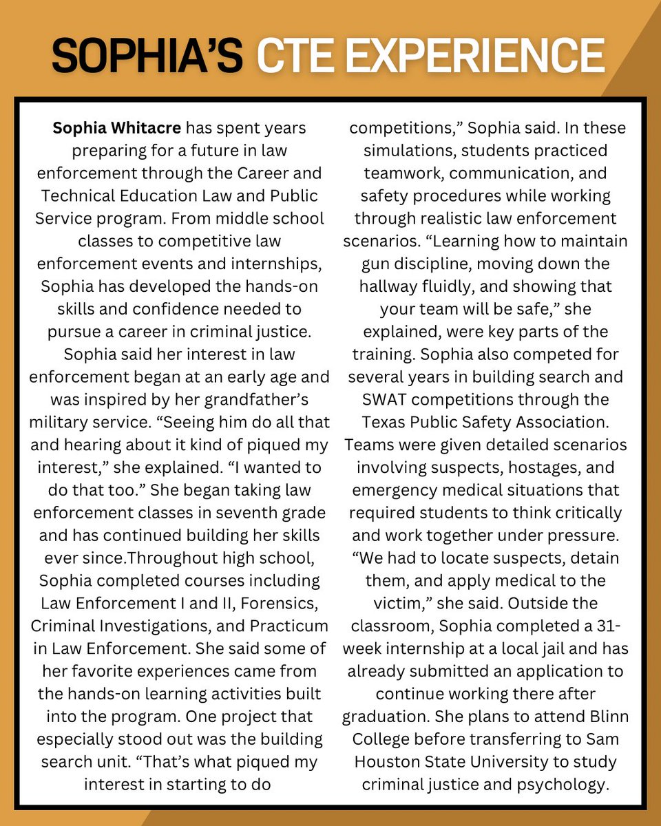 csisdcte's tweet photo. #csisdcte is highlighting eight outstanding @csisd seniors who have gained CTE "completer" status!

We are pleased to spotlight SOPHIA WHITACRE from @CSHighSchool in the Law &amp; Public Service program.  Sophia has made us CTE proud! https://t.co/mPbbL3d1lG