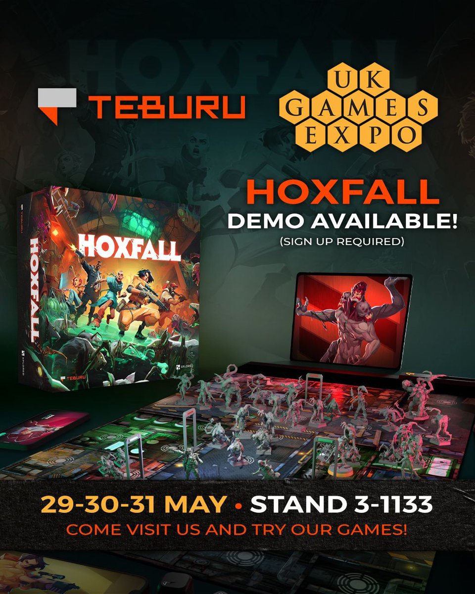 TeburuGames's tweet photo. Only 10 days left until we return to @UKGamesExpo! 🇬🇧 
Sign up now for a reserved playtest of HOXFALL, or visit our booth 3-1133 during the show to try a demo of other Teburu games!
✍️ https://t.co/K4ABGm5t4X

#teburu #boardgames #tabletopgaming #ukgamesexpo #hoxfall https://t.co/LiSjCv0o8D