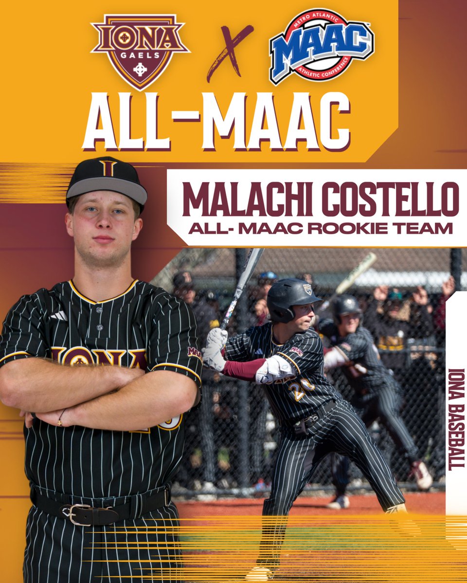 IonaBaseball's tweet photo. 𝑴𝑨𝑳𝑨𝑪𝑯𝑰 𝑨𝑳𝑳-𝑹𝑶𝑶𝑲𝑰𝑬 𝑻𝑬𝑨𝑴!

Costello was named to the All-MAAC Rookie team for his performance during the 2026 campaign! 

Costello batted .295 (3rd-best), with a .489 slugging percentage (1st), 41 hits (4th-best), 32 RBIs (1st), 7 home runs (1st), and 18 walks! https://t.co/vIgkdPdfqj