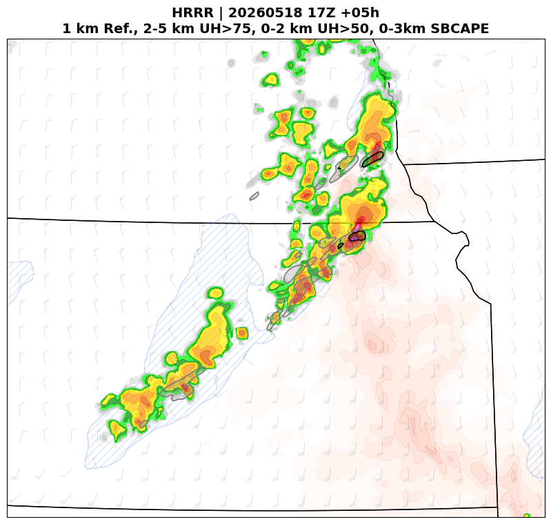 CameronJNixon's tweet photo. Most CAMs had a solid handle on convective evolution yesterday. HRRR showed storms initiating along the shear-parallel cold front, with only the leading storms displaying much low-level UH. All trailing storms/UH were well within the system cold pool or south of the best 3CAPE. https://t.co/0b1lKPwhDz