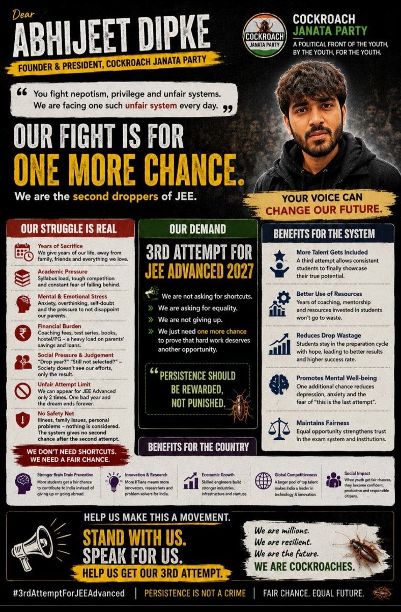 second_drop_JA's tweet photo. @Cockroach4India @abhijeet_dipke 
Please consider this. We believe in you and your potential 🙏🏻.
#3rdattemptforjeeadvanced2027
#2nddropforjeeadvanced2027
#Restore3rdattemptJEEAdvanced2027 https://t.co/QCdirDIq0c