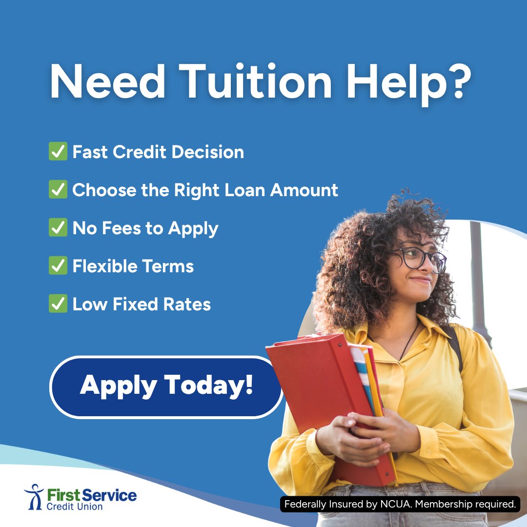 FirstServiceCU's tweet photo. College costs shouldn’t hold you back from your goals. 🎓

With flexible terms, fast decisions, and low fixed rates, First Service Credit Union is here to help make tuition more manageable. 

Apply today! 💙
https://t.co/Sv5BvYVUTf https://t.co/y0FjLlttAV