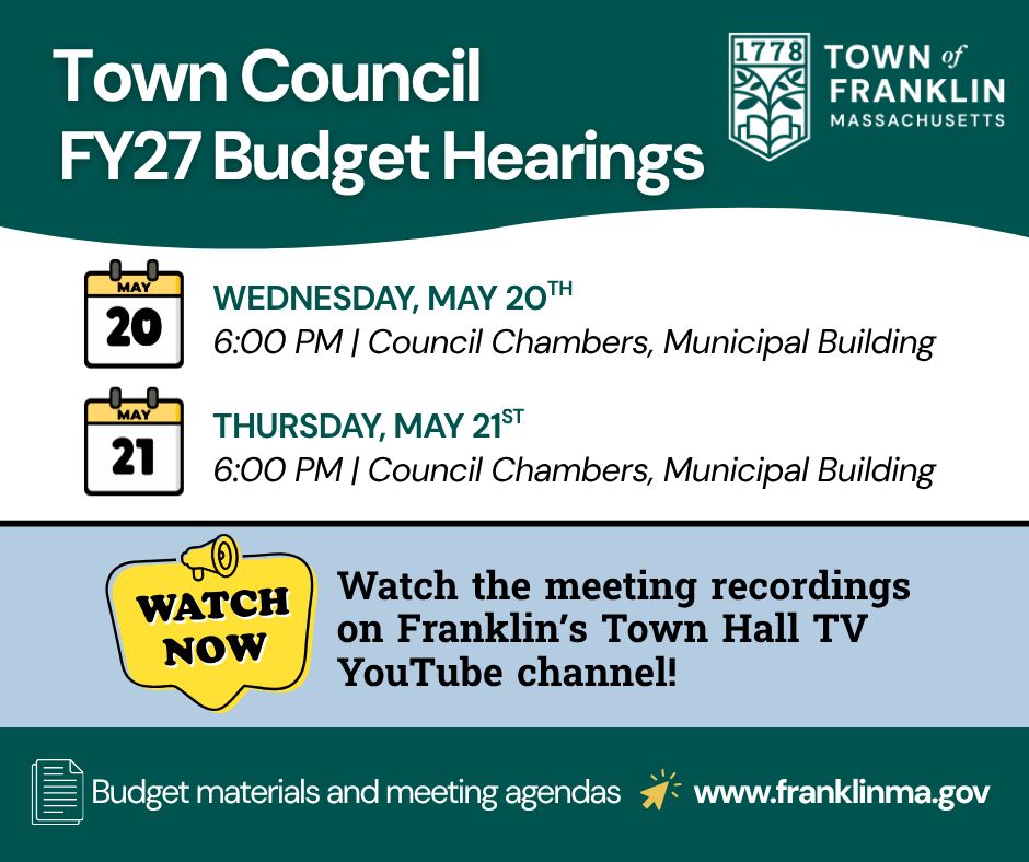 TOFranklinMA's tweet photo. The Town Council will hold two public hearings this week on the proposed FY27 Operating Budget.

📅 Wednesday, May 20 &amp; Thursday, May 21
🕕 6:00 PM
📍 Council Chambers, Municipal Building

🔗 Wednesday Agenda: https://t.co/7qJTHNBZo0
🔗 Thursday Agenda: https://t.co/hLXixDU1Ef https://t.co/lRfEJ2MpKK