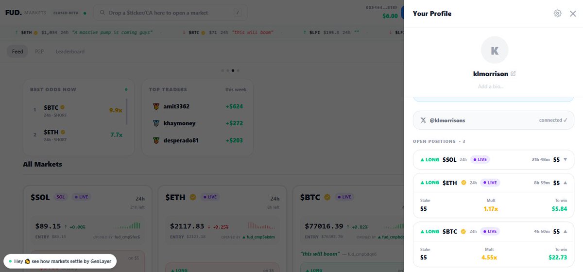 KlMorrisons's tweet photo. Indeed i agree that  crypto takes have been free for way too long.
Everyone sounds smart in the replies but very few actually put money behind their opinions.

@FUDmarkets is testing something interesting on testnet  open markets on pretty much any token.
check out: fud market🚀 https://t.co/Zhp0IrHvCT