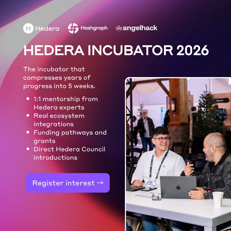 AngelHack's tweet photo. What takes most teams years, the Hedera Incubator compresses into 4 focused weeks. 1:1 mentorship, mainnet-ready support, and direct introductions to the Hedera Council. 10 teams. Invite-only. Register by June 12.