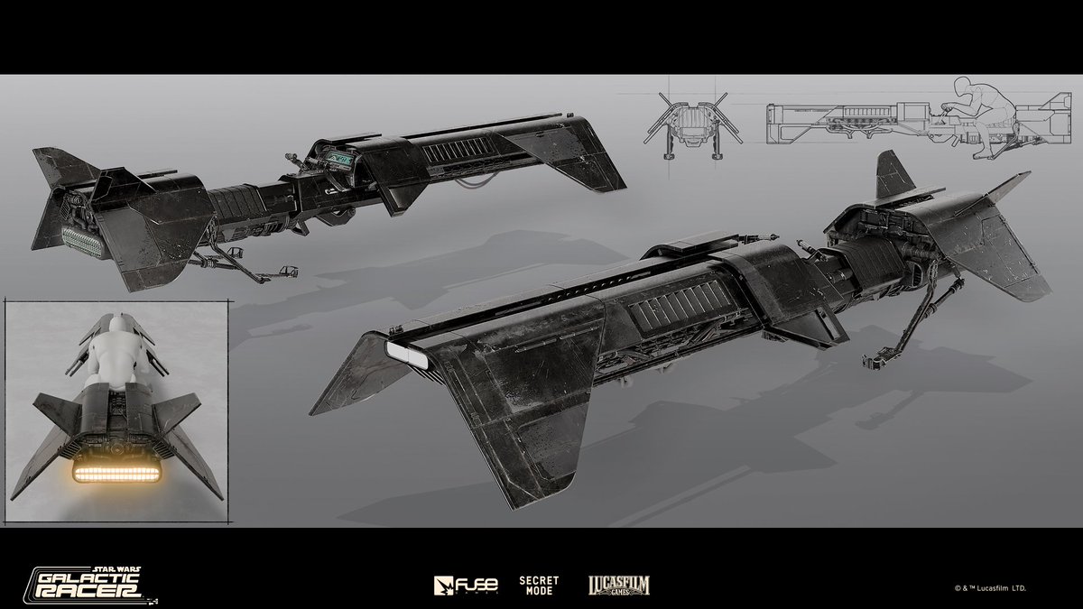 Fuse_Games's tweet photo. Designing the Kor Sarun: Ciza T speeder bike came down to a series of deliberate trade-offs between form, function and feel. Fuse's Senior Concept Artist explains how those decisions shaped the final design: 

“A key focus for the bike was making it feel powerful without exposing too many of the internal ‘under the hood’ elements. By concentrating detail around the rear and underside, we were able to communicate aggression and performance while keeping the top surfaces clean and sleek. Balancing the amount of visible panelling across the vehicle was crucial to support flexible livery design in future.”