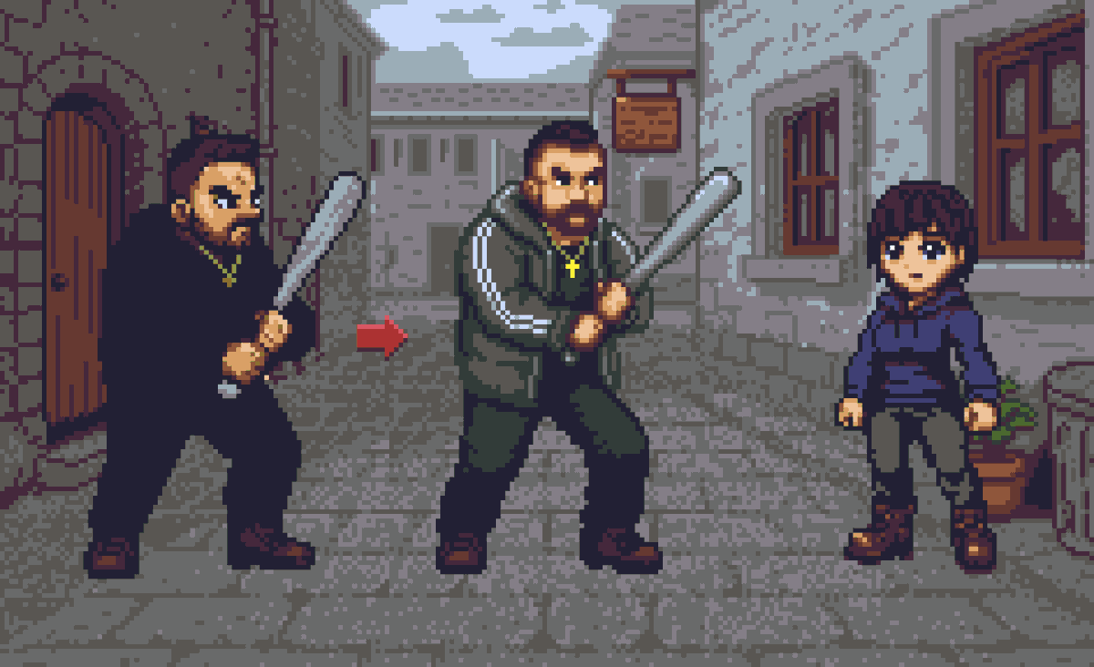 CompromiseDev's tweet photo. #redraw of the day is the combat sprite of Bram to match his redesign in the event images 🥰

Now I definitely have to redraw Rebecca and clean up the backgrounds too🤣

#indiedev #gamedev #pixelart #ドット絵 https://t.co/VH7tL2Ktzh