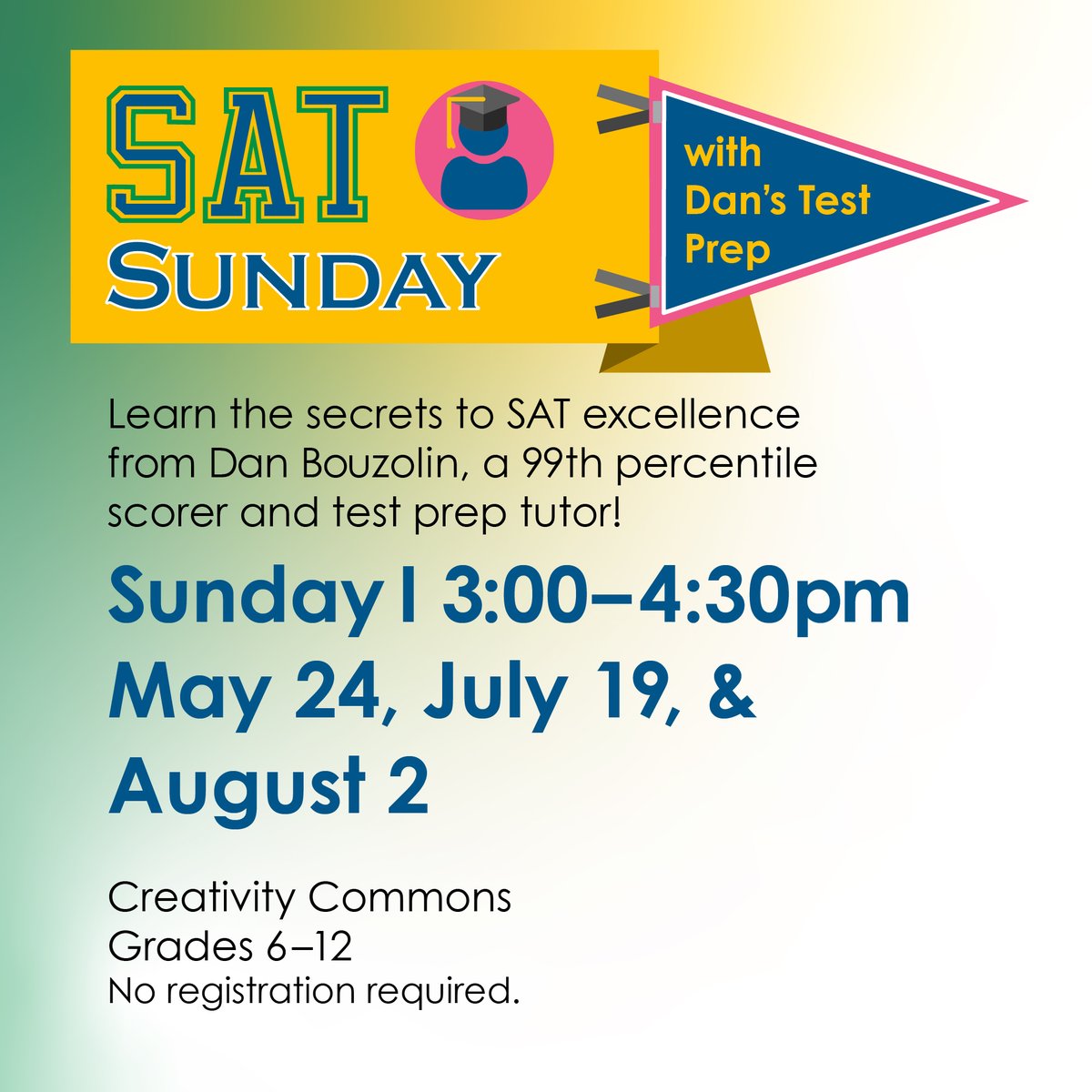 friscolibrary's tweet photo. Join us Sunday, May 24, from 3:00-4:30pm to learn the secrets to SAT/ACT excellence from Dan Bouzolin, a 99th percentile scorer and test prep tutor. For teens going into 6-12 grade.
https://t.co/39XDAXuIfl

#ACTPrep #SATPrep #TestPrep #StudySmart #CollegeReady #TeenPrograms https://t.co/uujog9vDSC