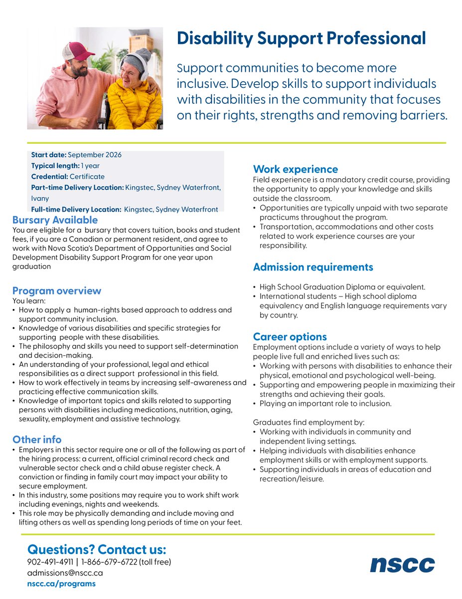 PLANS_DAL's tweet photo. NSCC Ivany Campus will have a Disability Support Professional Certificate available alongside a bursary (with commitments) that covers tuition, textbooks and student fees. There are 10 reserved seats with bursaries available for African Nova Scotians and people of African descent https://t.co/fGiqa7lETe