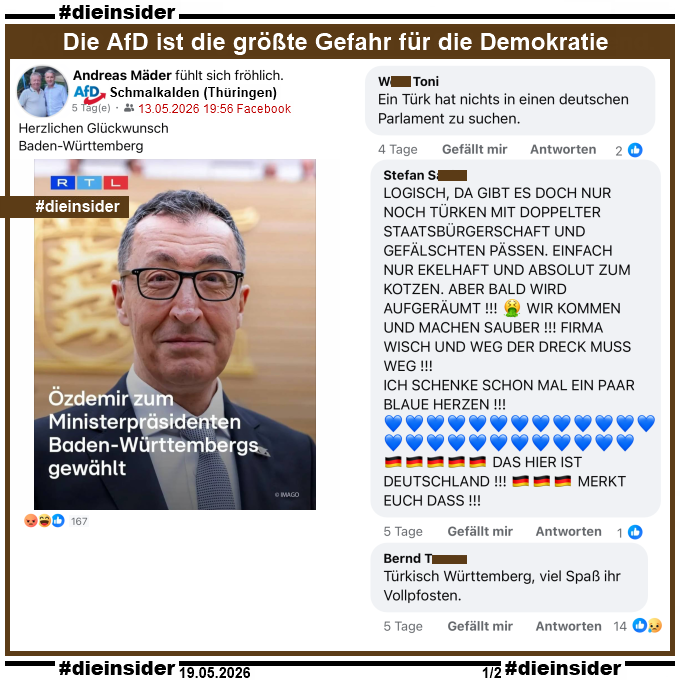 Die_Insider's tweet photo. Hier zeigen wir euch einige Kommentare von #AfDer zur Ministerpräsidentenwahl von Cem Özdemir in Baden Württemberg!
 
Was meint ihr? Was passiert nach einer Machtübernahme der #AfD mit Menschen, die ihnen nicht "deutsch" genug sind?
 
#NeinZuRassismus #AfDVerbot #DieInsider https://t.co/GSlCewvW9X