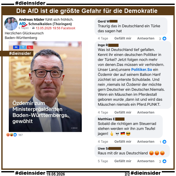 Die_Insider's tweet photo. Hier zeigen wir euch einige Kommentare von #AfDer zur Ministerpräsidentenwahl von Cem Özdemir in Baden Württemberg!
 
Was meint ihr? Was passiert nach einer Machtübernahme der #AfD mit Menschen, die ihnen nicht "deutsch" genug sind?
 
#NeinZuRassismus #AfDVerbot #DieInsider https://t.co/GSlCewvW9X
