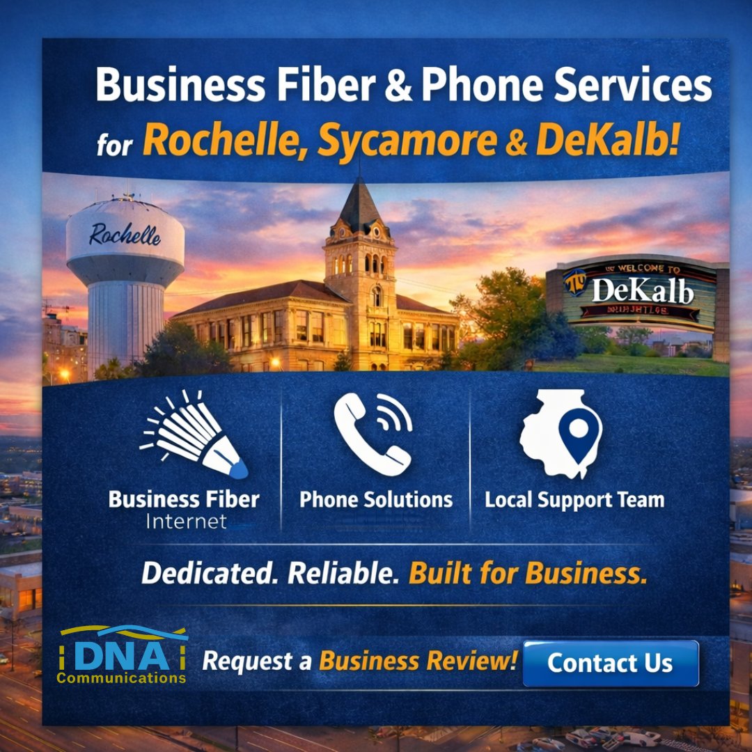 dnacomm's tweet photo. Business Fiber &amp; Phone Services for Rochelle, Sycamore &amp; DeKalb.

Dedicated internet. Reliable voice. Local support.

Request a Business Review. 

#RochelleIL #DeKalbIL #SycamoreIL https://t.co/YoLK32TWE8