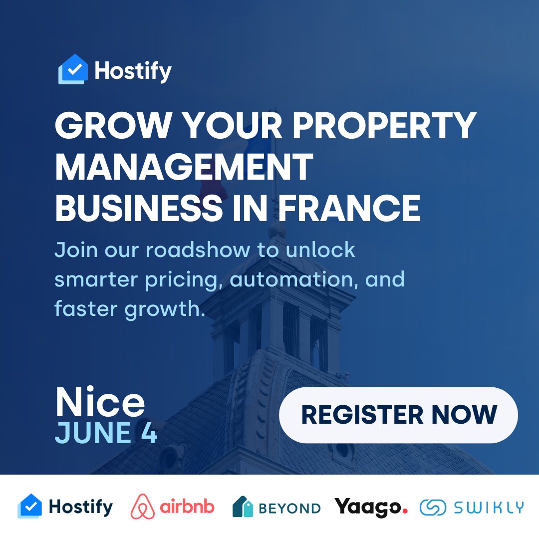 Hostifycom's tweet photo. 🇫🇷 Nice is next ☀️

Hostify Roadshow France — June 4 🚀

With @Airbnb @BeyondPricing  @Yaago @Swikly_company &amp; SPLM.

🎟 https://t.co/mtHiKBG1gd

#HostifyEvents #FranceRoadshow #Nice #STR #PropTech #HospitalityTech #VacationRentals https://t.co/fYBhj1dszO