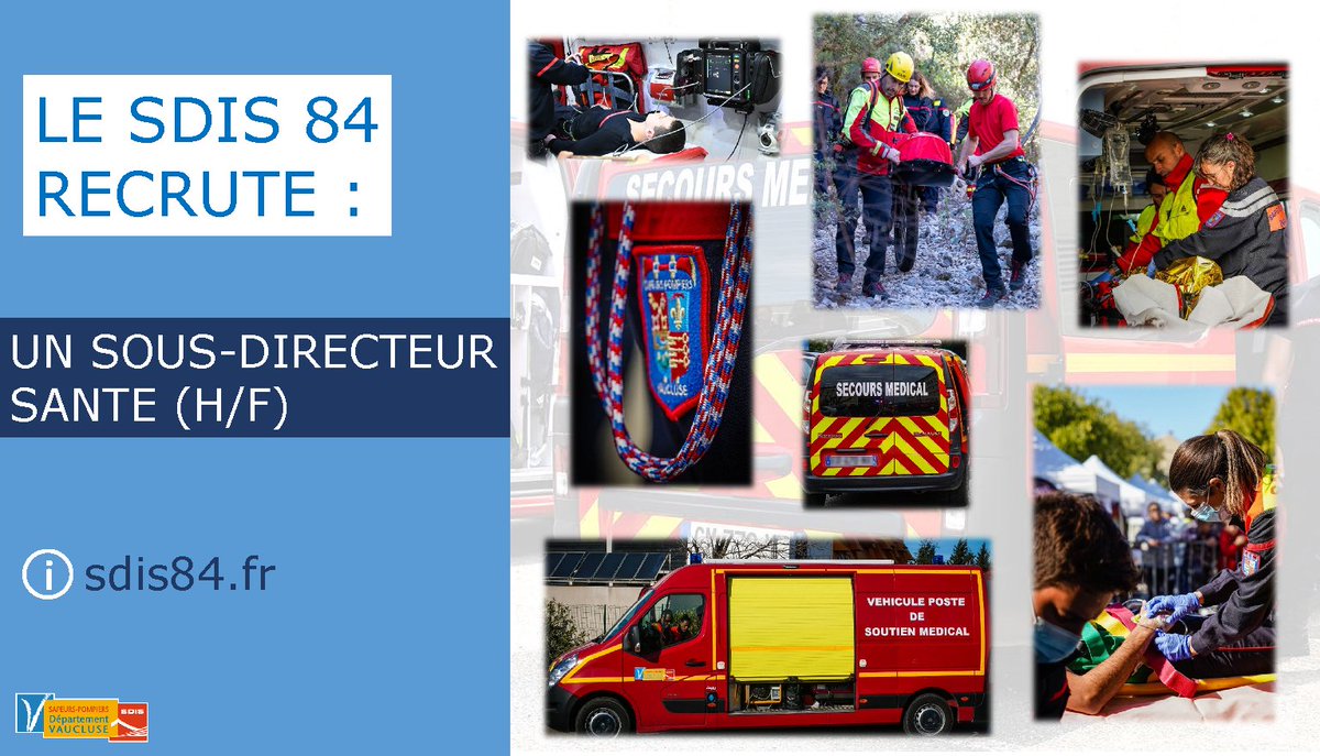 sdis84's tweet photo. #offredemploi : Poste à pourvoir de #SousDirecteurSanté #SPP (H/F) au sein du SDIS84
📍 État-major - Avignon
📅 Date limite de candidature : le 26/06/2026
🔗 https://t.co/BNfkG6Lf8n
#recrutement #emploiterritorial #pompiers84 #Vaucluse #MédecinChef https://t.co/7qR2RFryrL
