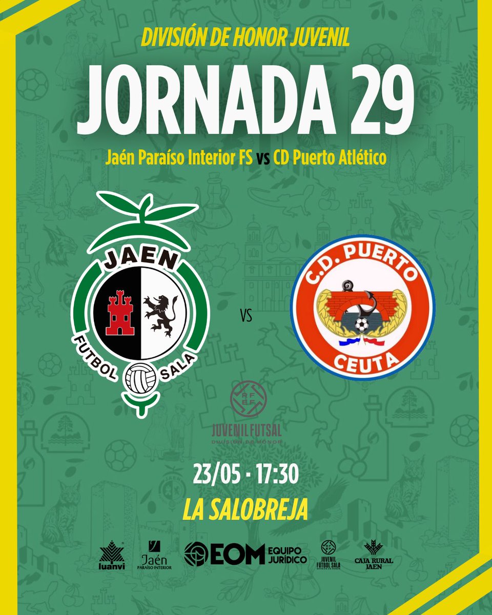 JaenFSbase's tweet photo. 🟡 JUVENIL DIVISIÓN DE HONOR

✅ 𝗛𝗢𝗥𝗔𝗥𝗜𝗢 𝗢𝗙𝗜𝗖𝗜𝗔𝗟 - 𝗝𝗢𝗥𝗡𝗔𝗗𝗔 𝟮𝟵

▶️ Último partido de liga en casa para el EOM Equipo Jurídico @JaenFS

⚽️ 23/05 · 17:30 🆚 @CDPuertoCeuta 
🏟️ La Salobreja

🎟️ Entrada gratuita

#SomosJaén💛 #FuturoAmarillo https://t.co/7aUK017EiI