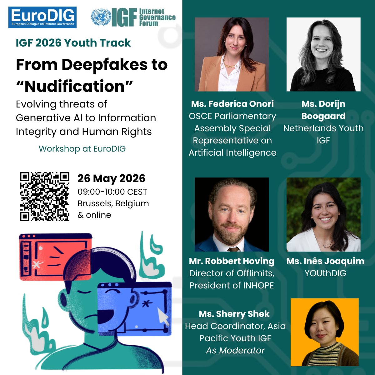 intgovforum's tweet photo. 🚨 IGF 2026 Youth Track at EuroDIG

Deepfakes → “Nudification”: AI threats to rights &amp; information integrity

💬 Ask the panelists: https://t.co/CDyLguqSse
🔗 Register: https://t.co/xwPLtc0PRr

Part 1/4 leading to IGF Youth Summit 🌍
https://t.co/9OYpj5J6OY https://t.co/r2U9TMVsoN