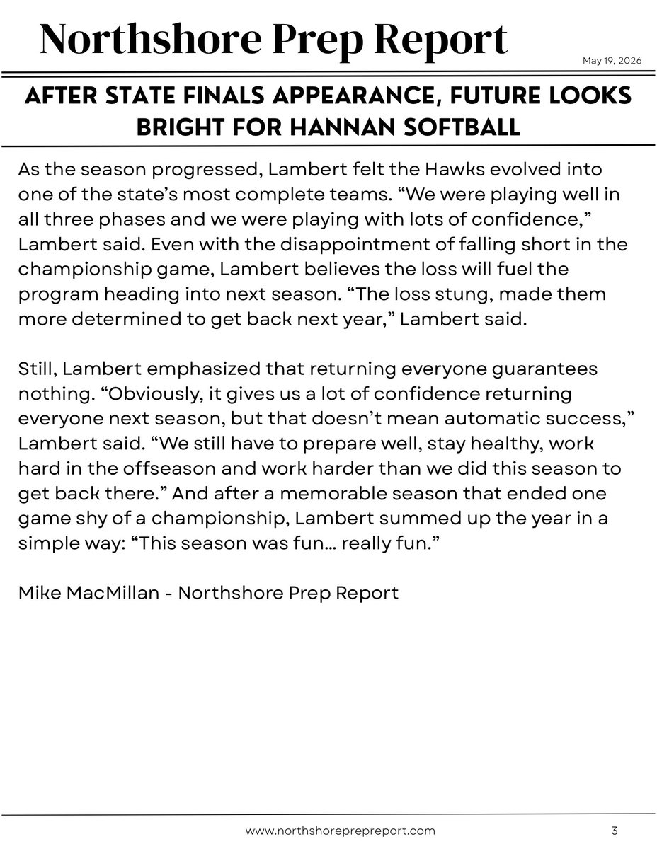 NorthshorePrepR's tweet photo. 🥎 Softball - Archbishop Hannan finished an incredible season in Sulphur coming up just short of a State Championship. With the entire roster returning and one of the best coaches in the state, they look to head back to Sulphur next season.   @HannanAthletics https://t.co/j2ZPUd4plB