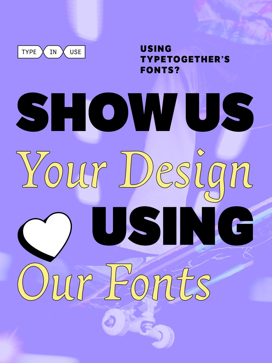 TypeTogether's tweet photo. Our fonts, your designs /// We love to see how you’re using our type. So send examples to typeinuse (at) https://t.co/MilCgC5osp – if we pick yours to present, in addition to all the glory, we’ll send a 50% off voucher. Win-win, right?!

#typography #fonts https://t.co/S3aw0t1xBB
