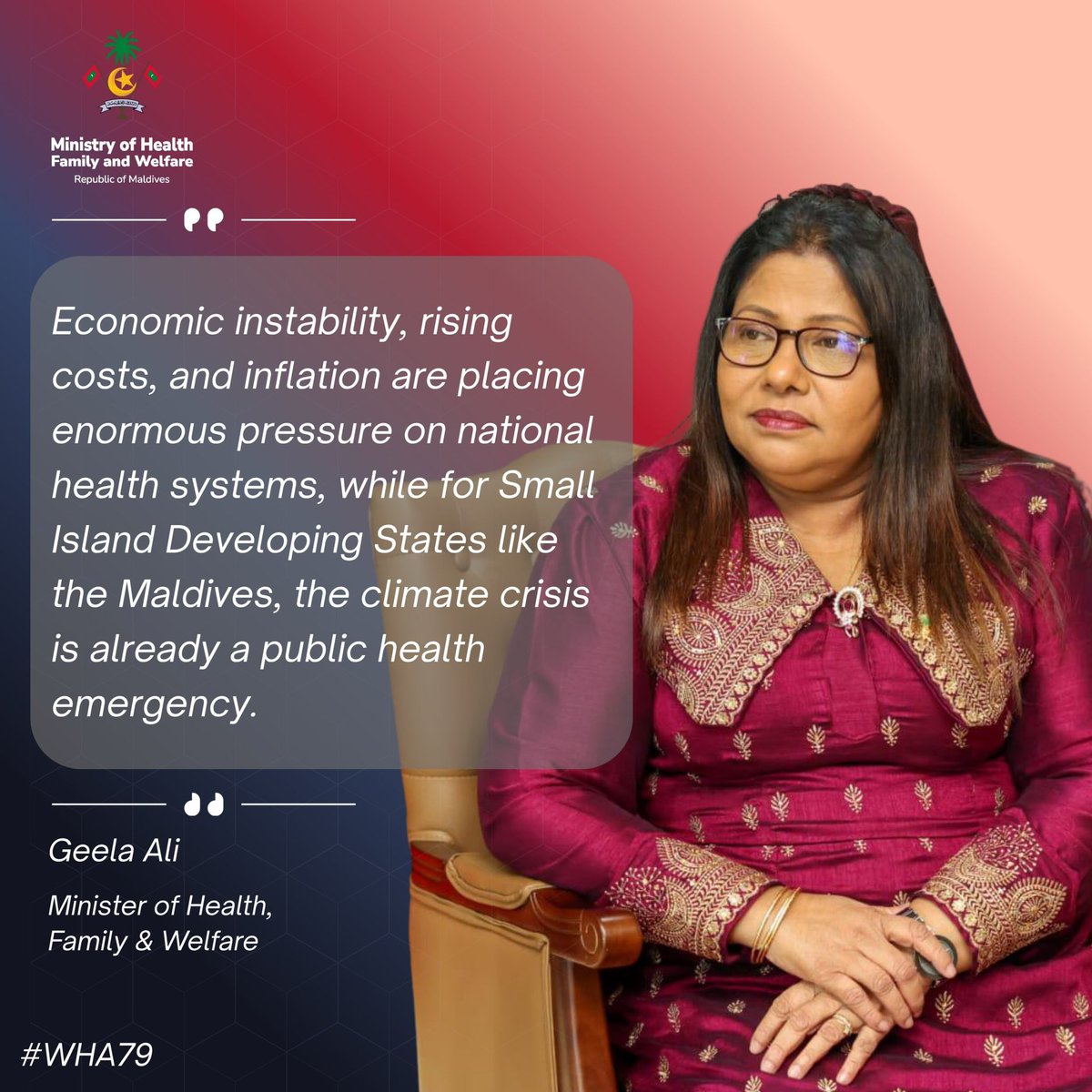 MoHmv's tweet photo. Minister @geelaali delivered the Maldives’ National Statement at #WHA79, reaffirming our commitment to resilient health systems, universal health coverage, climate action, and stronger global solidarity for a healthier future for all. https://t.co/rLNSBTpZME