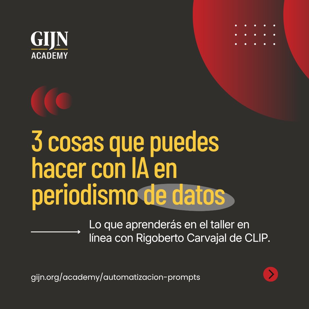 gijnEs's tweet photo. 🤖📊 La IA ya está transformando el periodismo de datos. ¿Cómo puedes aprovecharla en tus investigaciones?

En este 🧵 te compartimos 3 usos prácticos que abordará Rigoberto Carvajal [@rcarvajal85] ingeniero de datos en @CLIP_AmericaLat, en un taller gratuito de GIJN Academy https://t.co/ErCSpXIzgA