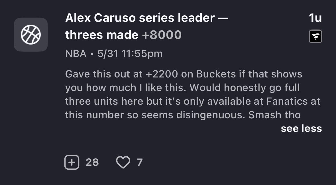 ActionNetworkHQ's tweet photo. Don't want to jinx it but @TurveyBets might have a banger on his hands!

Gave out Alex Caruso to lead the series in threes made on the Buckets podcast at +2200 🤯

Shopped around after and found +8000 on @FanaticsBook. It's now down to -250 👀 https://t.co/XdBpfqPP85