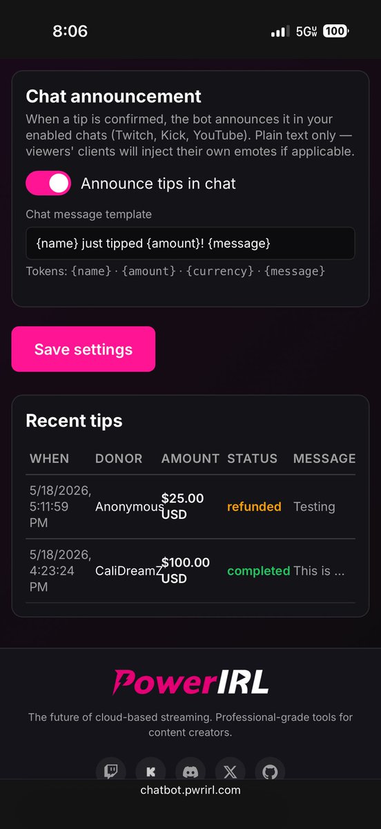 PowerIRL_'s tweet photo. Our donation system PowerDono made a lot of progress last night. Tested transactions and you can view your transactions right in our PowerBot dashboard. 

We work with @stripe so that your information is protected. And limit the chance of charge backs as well. Simular to SE Pay. 

Custom tip page is also setup. 
Example: https://t.co/poHn6smdSJ