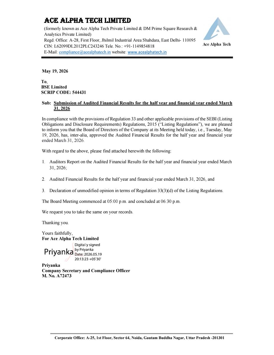 nileshkurhade's tweet photo. 📌 Ace Alpha Tech Ltd informed the exchange about its approval for the financial results for the period ended March 31, 2026. #SME #ACEALPHA 📄🧾 https://t.co/231hsw788B