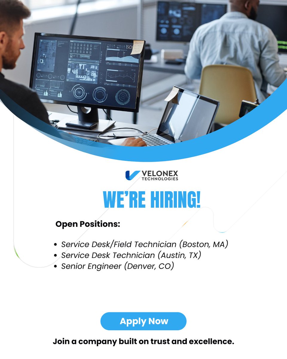 velonexit's tweet photo. 📢 Strong teams drive strong outcomes.
We’re hiring! View open roles below.
👉 https://t.co/dXNxJgzQRX
#WeAreHiring #ITSupport #JobOpenings #IT

Open Positions:
Service Desk / Field Technician (Boston, MA)
Service Desk Technician (Austin, TX)
Senior Engineer (Denver, CO) https://t.co/g4YFmBwCy2