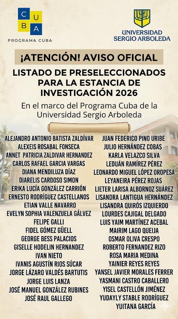 ProgramaCuba's tweet photo. 📢 ¡Atención! Ya está disponible el listado oficial de preseleccionados para la Estancia de Investigación 2026 del #ProgramaCuba.

Agradecemos a todos los postulantes por su interés y compromiso con el análisis académico. 🔍📑 https://t.co/UPAL8jDVYl