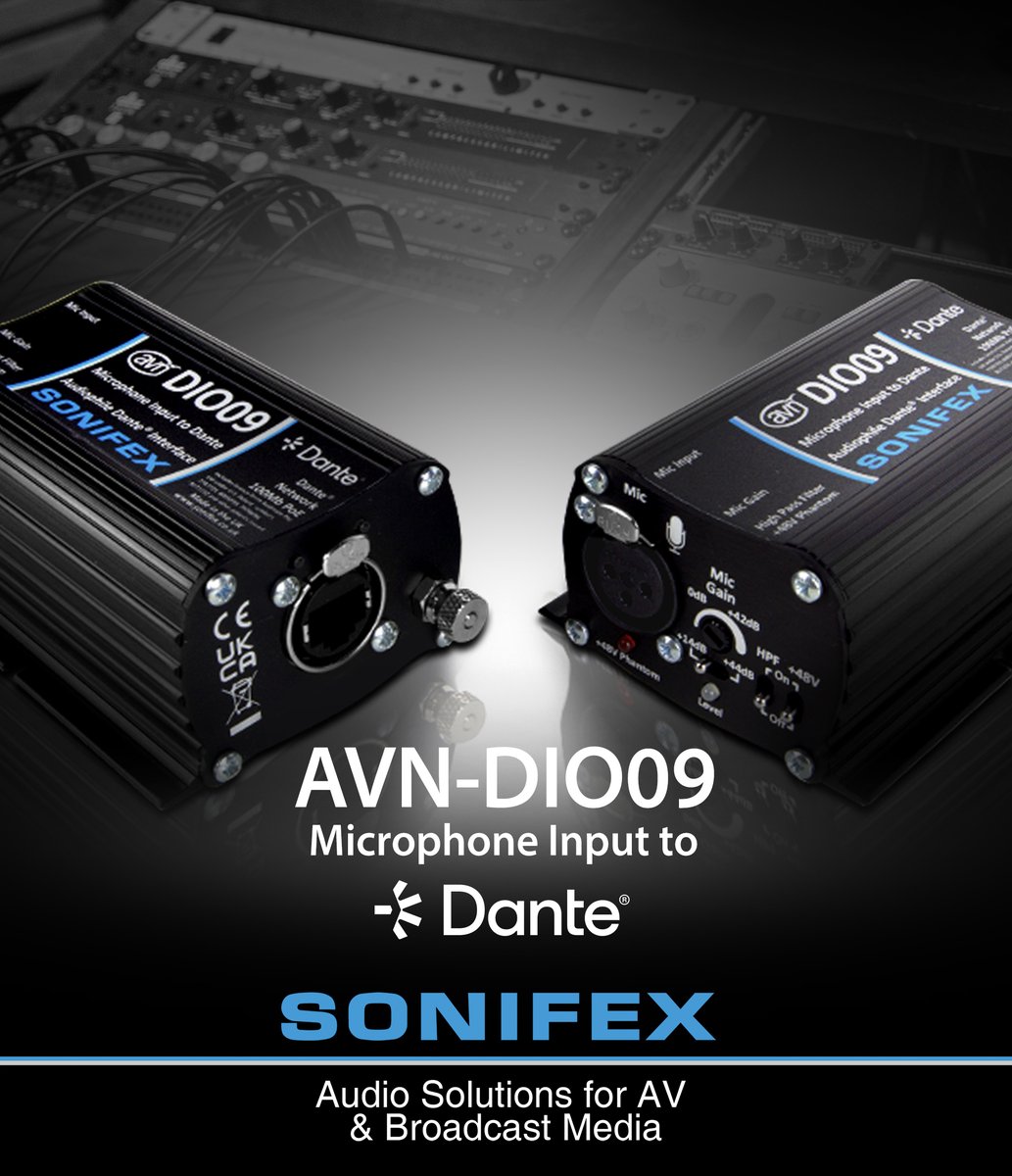 SonifexLtd's tweet photo. The AVN-DIO09 is a single microphone input device, designed to convert microphone-level audio for transmission over a Dante AoIP network. 

For more information on this product and other microphone amplifiers, see our website https://t.co/CHUKkQlz6x https://t.co/bPWuq6QUpl
