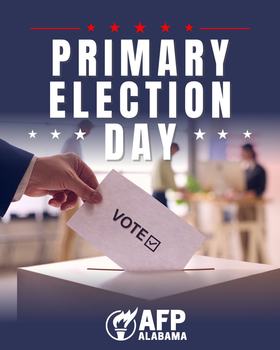 AFP_Alabama's tweet photo. 🗳️🇺🇸 It’s Primary Election Day in Alabama! 🇺🇸🗳️
Your voice matters — make sure it’s heard at the ballot box today! ✅
📍 Polls are open until 7:00 PM
🔎 Find your polling place here:
 https://t.co/SzrGGb7YbZ
Every vote counts. Go vote, Alabama! 💪🇺🇸 https://t.co/J2MrxeaCwD