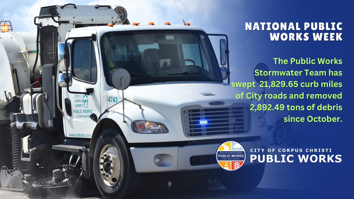 PublicWorksCC's tweet photo. It's National Public Works Week! 🌟Our Stormwater team has swept 21,829.65 curb miles of City roads and removed 2,892.49 tons of debris since October ... that's the weight of over 438 adult African elephants! Thank you to our crews for helping keep this trash out of our bay. ♻️ https://t.co/SRKRcvAmEi
