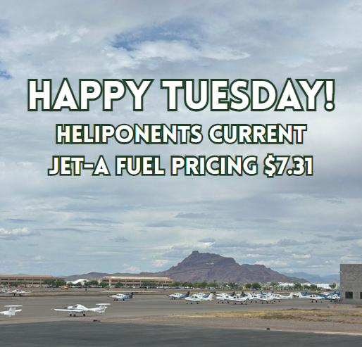 Heliponents's tweet photo. Happy Tuesday! Heliponents current Jet-A Fuel pricing is $7.31 https://t.co/3zwtDrV8c9