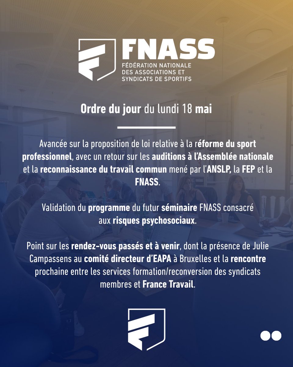 FNASS_'s tweet photo. Le comité directeur de la FNASS s’est réuni hier.
Au programme : des échanges essentiels pour continuer à défendre, et accompagner les sportifs professionnels pendant leur carrière.

#FNASS #SportProfessionnel #SyndicatsSportifs #DialogueSocial #Reconversion #RisquesPsychosociaux https://t.co/LmeLEEabHO