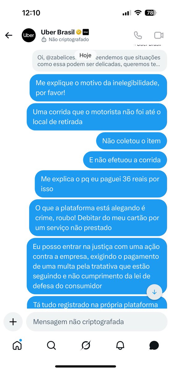 zabelices's tweet photo. @Uber_Brasil vai seguir cobrando por um serviço não prestado? Qual a justificativa? Pq até agora só disseram que não vão cumprir com o que exige a lei de defesa do consumidor, sem dar nenhuma explicação, a não ser que escolheram roubar o cliente https://t.co/P8yltiCJHh