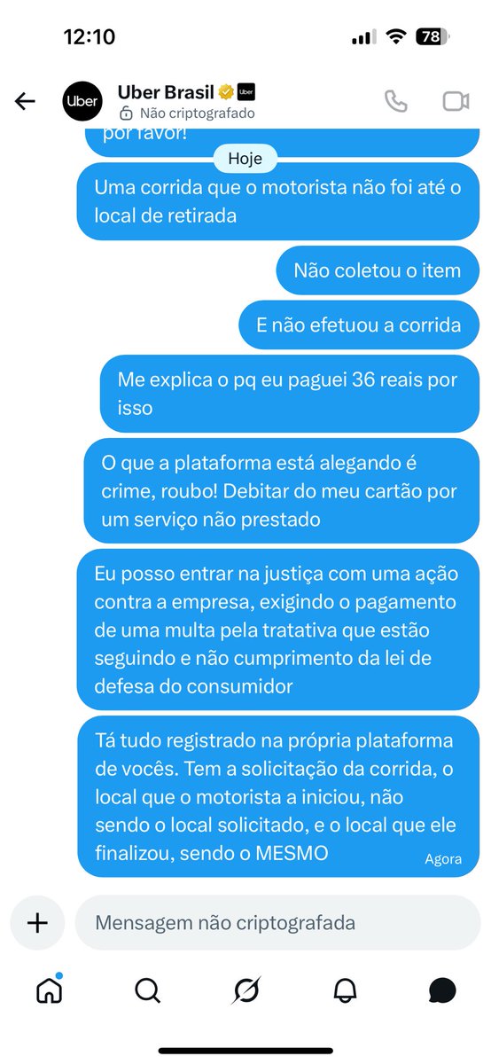 zabelices's tweet photo. @Uber_Brasil vai seguir cobrando por um serviço não prestado? Qual a justificativa? Pq até agora só disseram que não vão cumprir com o que exige a lei de defesa do consumidor, sem dar nenhuma explicação, a não ser que escolheram roubar o cliente https://t.co/P8yltiCJHh