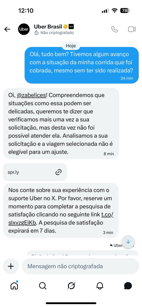 zabelices's tweet photo. @Uber_Brasil vai seguir cobrando por um serviço não prestado? Qual a justificativa? Pq até agora só disseram que não vão cumprir com o que exige a lei de defesa do consumidor, sem dar nenhuma explicação, a não ser que escolheram roubar o cliente https://t.co/P8yltiCJHh