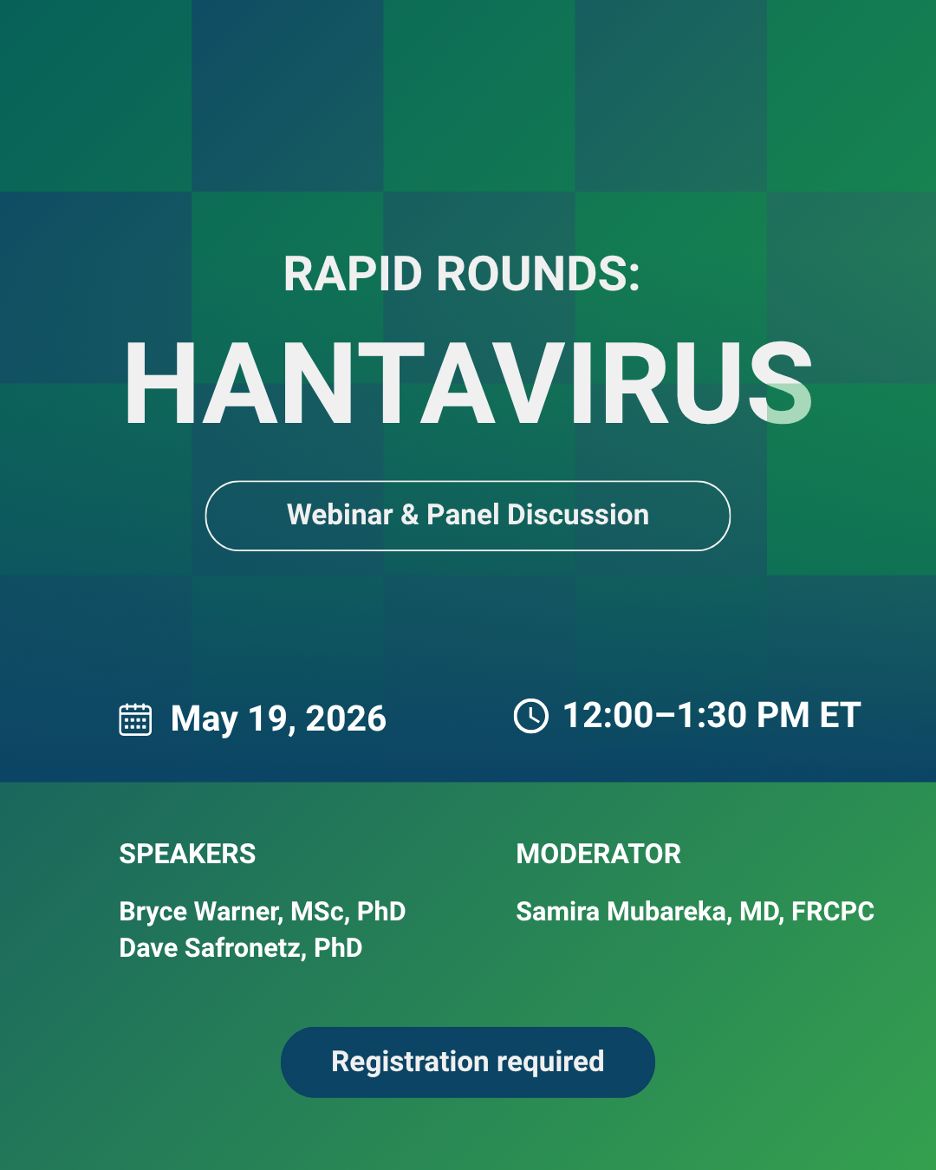AMMICanada's tweet photo. 🚨 Webinar & Panel Discussion | Rapid Rounds: Hantavirus
AMMI Canada invites you to join a timely webinar and expert panel discussion exploring hantavirus research, emerging risks, and public health preparedness.

🗓 Tuesday, May 19, 2026
🕛 12:00 – 1:30 PM ET
💻 Zoom Webinar | Registration Required

Hear from leading experts:
• Bryce Warner, University of Saskatchewan / VIDO
• Dave Safronetz, Public Health Agency of Canada
• Moderator: Samira Mubareka, University of Toronto

This session will provide insights into emerging high-consequence viruses, hantavirus research, transmission, preparedness, and the evolving public health landscape.

🔗 Register via the link below

#AMMICanada #Hantavirus