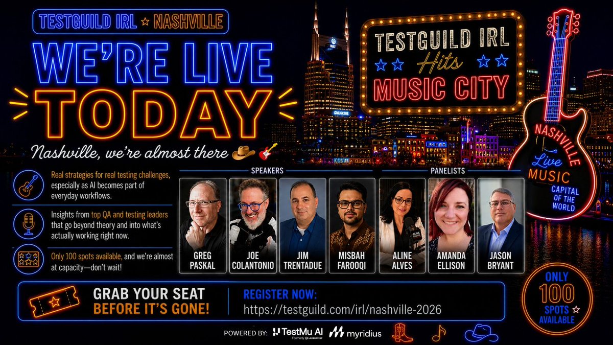 testguilds's tweet photo. Tonight’s the night 🎸 real conversations, real solutions, and practical #AITesting insights you can use right away with a room full of testers solving the same #QA challenges. Only 100 spots &amp; almost full 👉 https://t.co/YWvRzKBuga #TestGuildIRLNashville @testmuai @GregPaskal https://t.co/s58YZNZaMo
