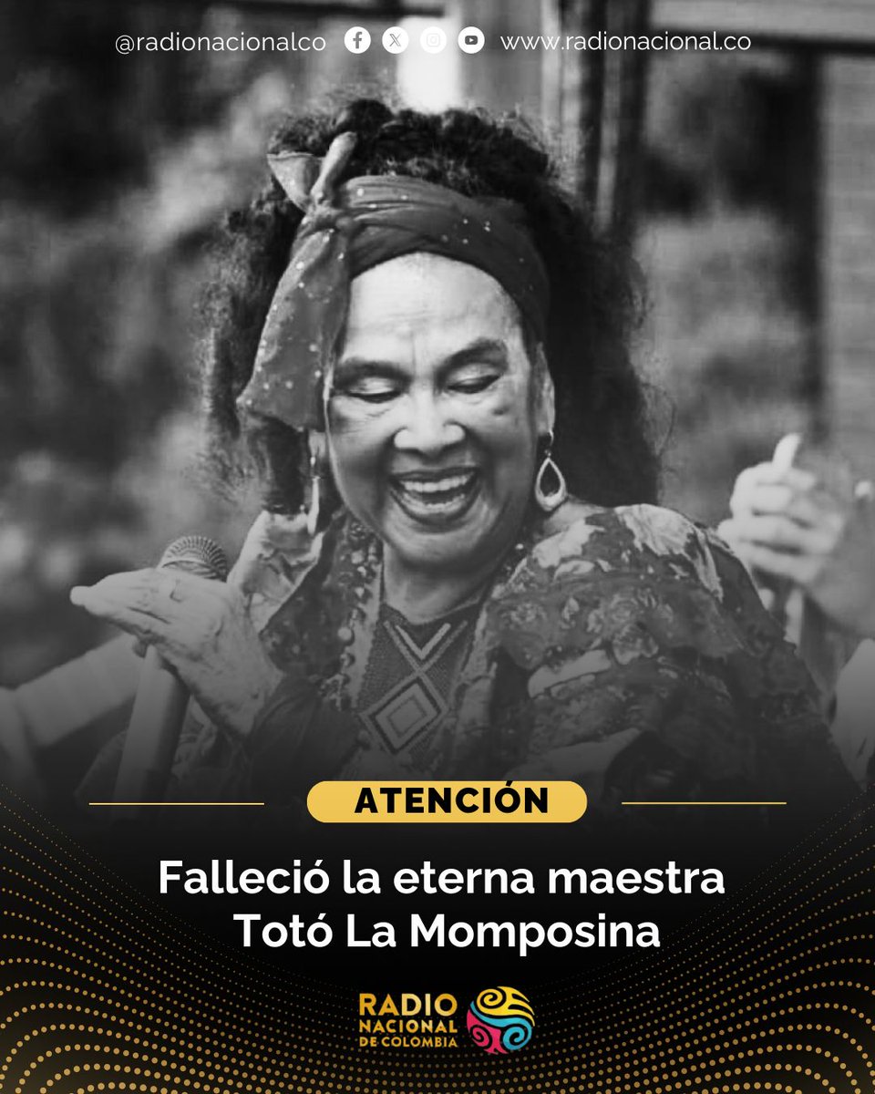 RadNalCo's tweet photo. Colombia despide a la maestra Totó La Momposina ✊🏼🎶(1940–2026).

🎶Una de las voces más representativas del folclor nacional y figura esencial en la proyección de la música tradicional del Caribe colombiano ante el mundo. Su legado trascendió generaciones y convirtió ritmos como la cumbia, el porro, el bullerengue y el mapalé en un símbolo de identidad cultural.

🎶Canciones como La Candela Viva, El Pescador, La Verdolaga y Tambolero hicieron parte de una trayectoria artística que llevó los sonidos del Caribe colombiano a escenarios internacionales. La artista recibió reconocimientos como el Premio a la Excelencia Musical del Grammy Latino y el Premio Nacional Vida y Obra por su aporte a la cultura.

🎶Más que una cantante, Totó fue una guardiana de la memoria, una embajadora de las tradiciones y una de las mujeres que escribió un capítulo fundamental de la historia cultural de Colombia. Su voz queda como patrimonio vivo del país.