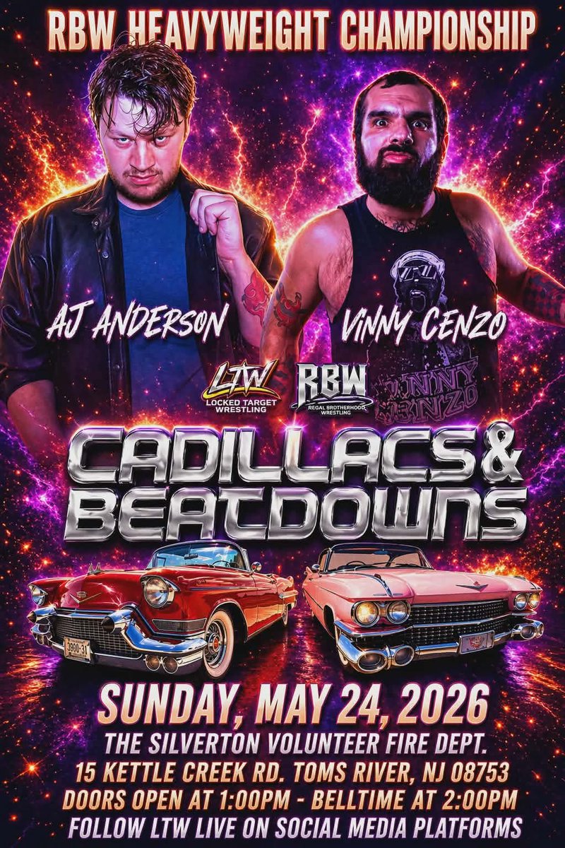 IamPaulDWillis's tweet photo. May 24th at the Silverton Fire Dept in Tom's River, NJ is our LTW/RBW Cadillac's and Beatdowns Live Wrestling Event !

The card is stacked !

It's going to be an amazing night of wrestling !

Bell time is 2PM !

Grab your tickets from the QR Code on the event poster ! https://t.co/l7wn5KpZsJ