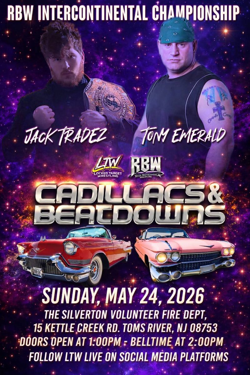 IamPaulDWillis's tweet photo. May 24th at the Silverton Fire Dept in Tom's River, NJ is our LTW/RBW Cadillac's and Beatdowns Live Wrestling Event !

The card is stacked !

It's going to be an amazing night of wrestling !

Bell time is 2PM !

Grab your tickets from the QR Code on the event poster ! https://t.co/l7wn5KpZsJ
