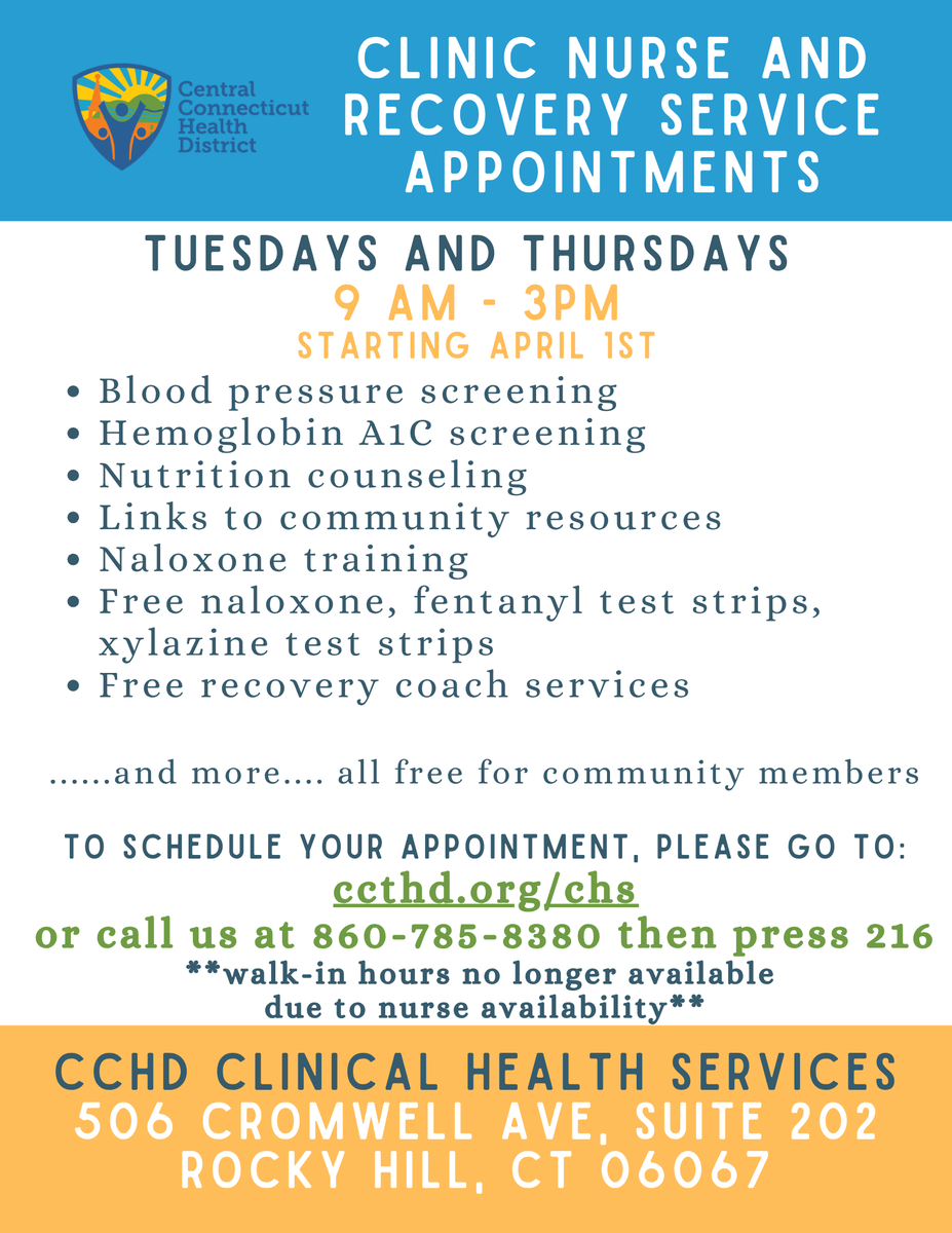 CCTHD4's tweet photo. 🩺 CCHD is offering FREE Clinic Nurse &amp; Recovery Service appointments every Tuesday &amp; Thursday from 9AM–3PM at our Rocky Hill clinic location. (506 Cromwell Ave., Suite 202, Rocky Hill)  

📞 Call 860-785-8380 ext. 216
🌐 Schedule online at https://t.co/wk5kVs5mYz https://t.co/1mhBEcaq75