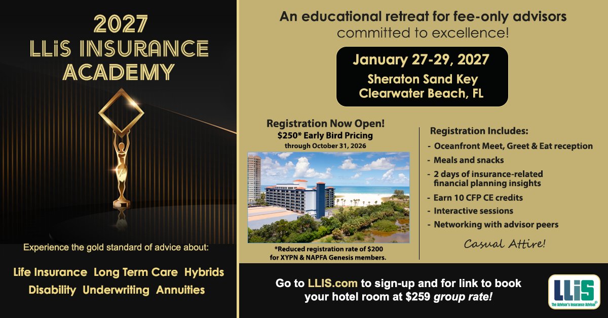 teamLLIS's tweet photo. Fee-only advisors: Earn 10 CFP credits at the LLIS Insurance Academy on beautiful Clearwater Beach, FL in January 2027! 

Learn more or register: https://t.co/y2sNVkaSae 

Click image below to view in large text. https://t.co/1aR2ikiOjv