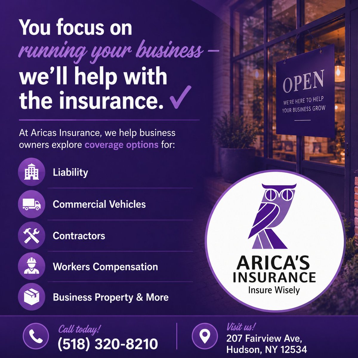 AricasInsurance's tweet photo. You focus on running your business — we’ll help with the insurance. ✔️
At Arica's Insurance, we help business owners explore coverage options for:
🏢 Liability
🚚 Commercial Vehicles
🛠 Contractors
👷 Workers Compensation
📦 Business Property &amp; More
📞 Call today: (518) 320-8210 https://t.co/f4C4F98N4E